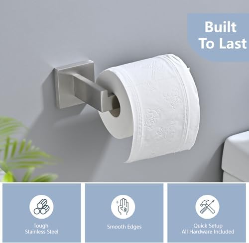 Toilet Paper Holder Set with 2 Square Robe Hooks, Brushed Nickel - Image 3
