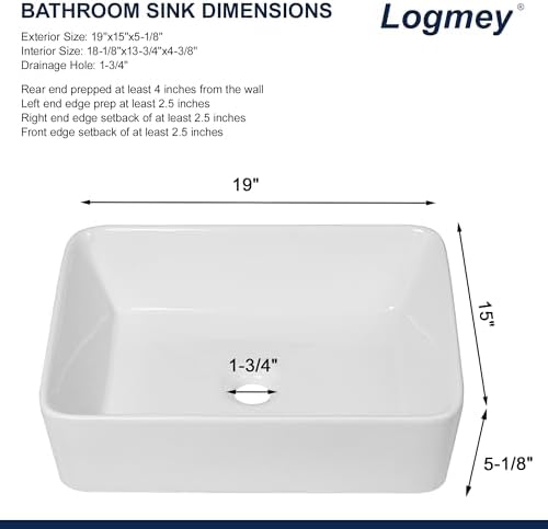 Logmey 19 Inch White Bathroom Vessel Sink 19x15 Inch Large Rectangle Vessel Sink - Image 6