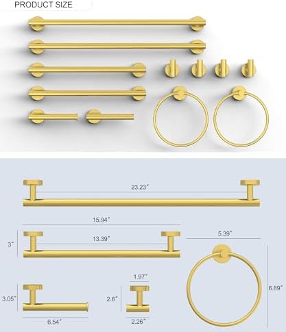 12Pcs Brushed Gold Bathroom Hardware Accessories Set SUS304 Stainless Steel - Image 2