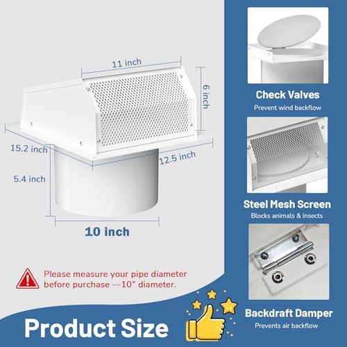10 Inch Dryer Vent Cover Outside, Galvanized Steel Exterior Hooded Wall Vent - Image 2