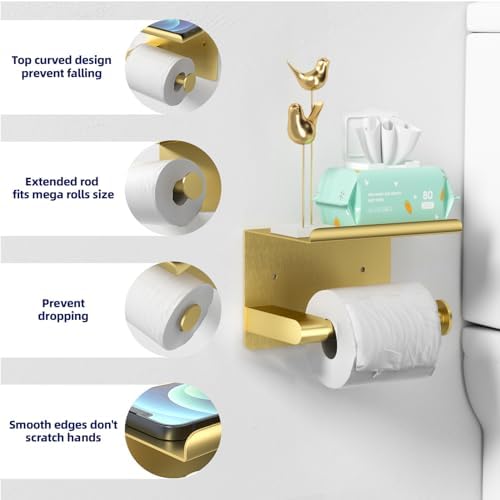 GLNLQ Brushed Gold Toilet Paper Holder Wall Mount, Adhesive or Screw-in - Image 3