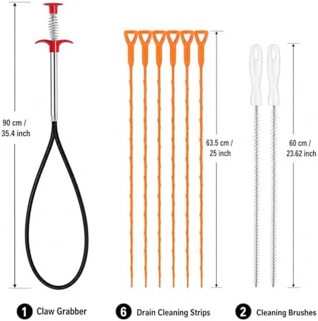 Drain Clog Remover Tool Set 9 PCS, 35.4" Claw Grabber, 23.62" Cleaning Brush - Image 2