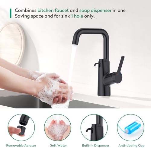 CREA Kitchen Faucets with Soap Dispenser, 360° Swivel Straight Spout Black Bar - Image 3