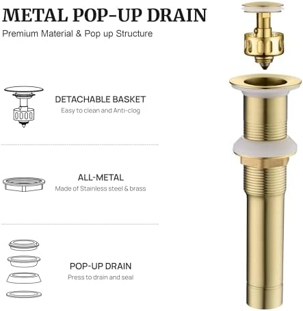 Pop up Sink Drain Stopper for Bathroom Vessel Vanity Sink Art Basin Brushed Gold - Image 2