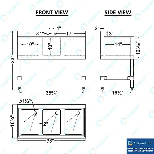 AmGood 38 in. x 19 in. Three Bowl Commercial Underbar Sink - Image 4