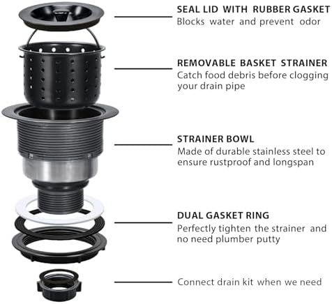Kitchen Sink Drain 3-1/2 Inch Black Sink Drain Assembly Kit, Removable Deep - Image 6