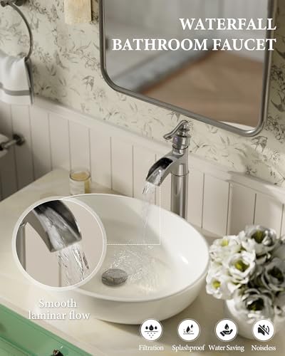 Vessel Sink Faucet Tall Bathroom Faucets Waterfall Brushed Nickel Brass - Image 2