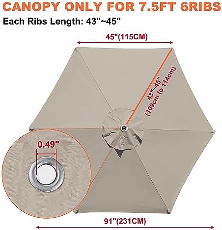 EliteShade USA 7.5FT Replacement Covers 6 Ribs Market Patio Umbrella Canopy - Image 3
