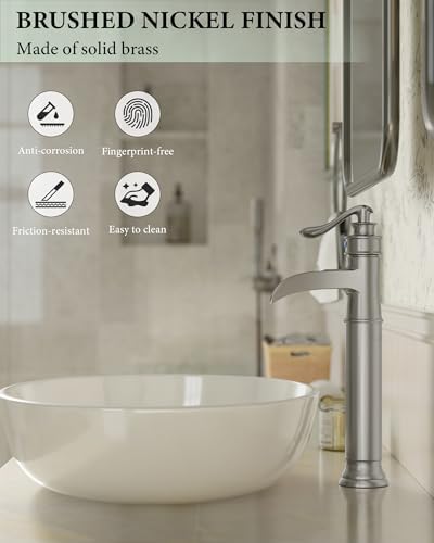 Vessel Sink Faucet Tall Bathroom Faucets Waterfall Brushed Nickel Brass - Image 4