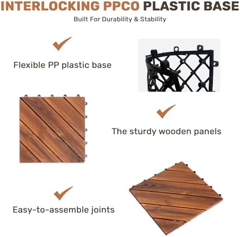 10 PCS Interlocking Deck Tiles, Diagonal Pattern 12"x12" Acacia Wood Outdoor - Image 4