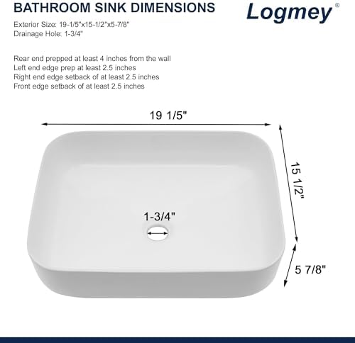 Logmey 19 Inch Bathroom Sink 19x15 Bathrooom Sinks White Vessel Sink Porcelain - Image 5