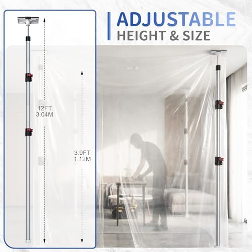 12FT Dust Barrier Poles, 4 Pack Zipper Wall Pole Kit, 3 Stage Telescopic Dust - Image 2