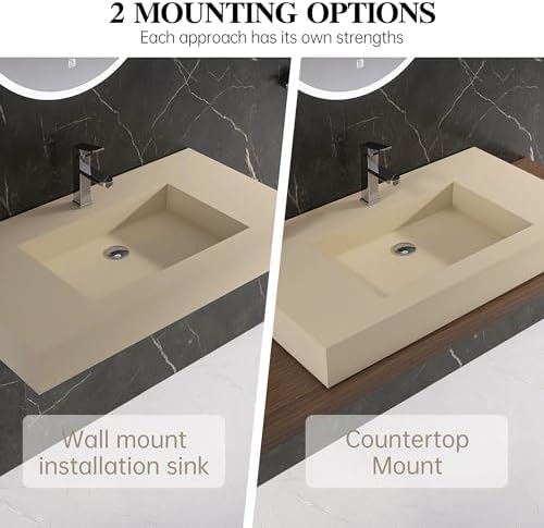 35" x 19" Bathroom Sink with Single Faucet Hole, Stone Resin Wall Mount Sink - Image 4