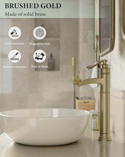 Homevacious Vessel Sink Faucet Brushed Gold Waterfall Tall Bathroom Faucet - Image 4