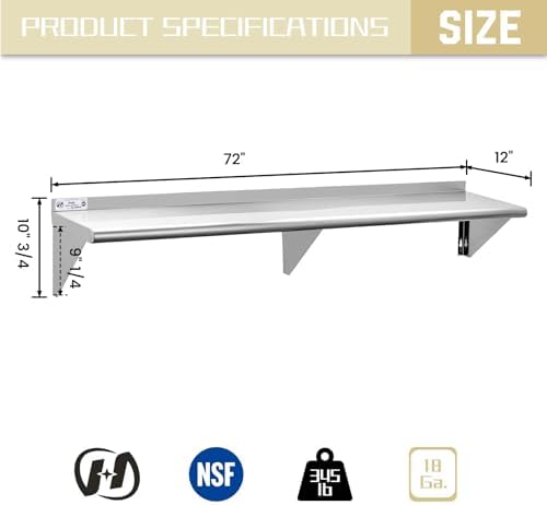 Hally Stainless Steel Shelf 12"x72" NSF Commercial Wall Mount Rack Shelving - Image 3