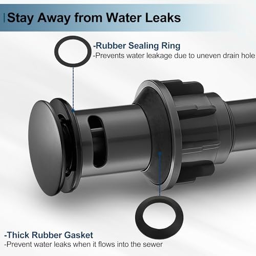 Black Pop Up Drain with Overflow, Double-Sealed Bathroom Sink Drains, No Rust - Image 4