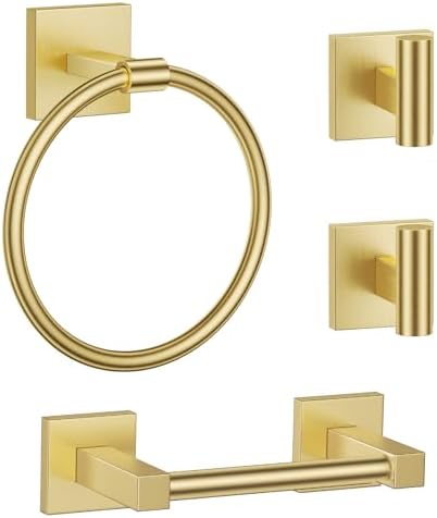 Brushed Gold Bathroom Accessories, Toilet Paper Holder, Towel Ring & Hooks by LairuierBathroomHardwareSet