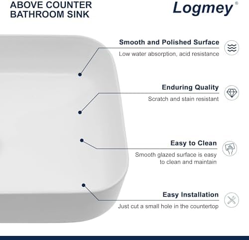 Logmey 19 Inch Bathroom Sink 19x15 Bathrooom Sinks White Vessel Sink Porcelain - Image 6