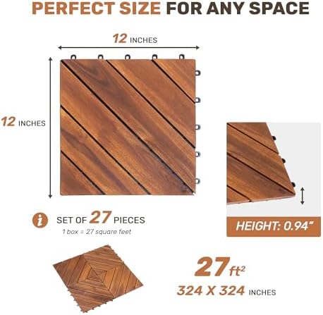 10 PCS Interlocking Deck Tiles, Diagonal Pattern 12"x12" Acacia Wood Outdoor - Image 2