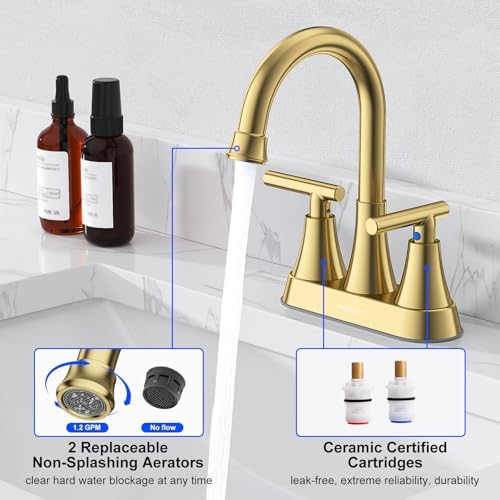 Brushed Gold Bathroom Faucets, Hurran 4 inch Centerset 2-Handle Lead-Free - Image 6