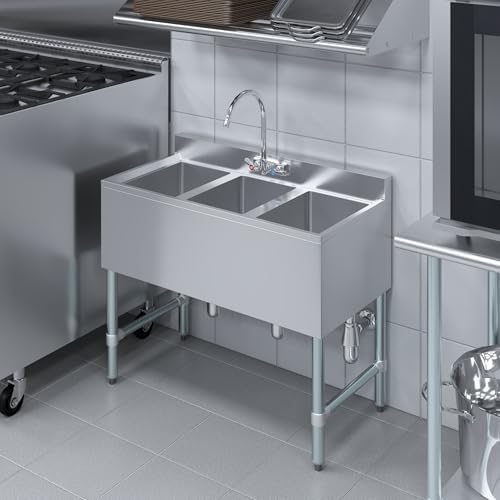 AmGood 38 in. x 19 in. Three Bowl Commercial Underbar Sink - Image 5