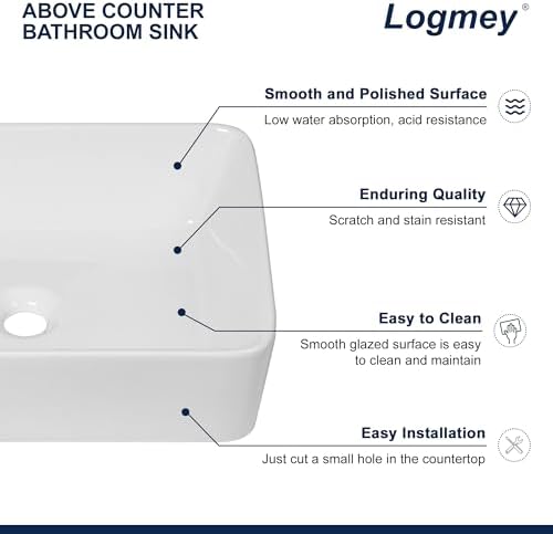 Logmey 19 Inch White Bathroom Vessel Sink 19x15 Inch Large Rectangle Vessel Sink - Image 5