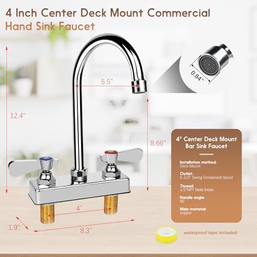Commercial Bar Sink Faucet 4 Inch Center Deck Mount 5-1/2" Gooseneck Spout - Image 3