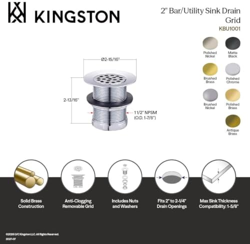 Kingston KBU1002 2" Brass Grid Bar/Utility Sink Drain, Polished Brass - Image 3