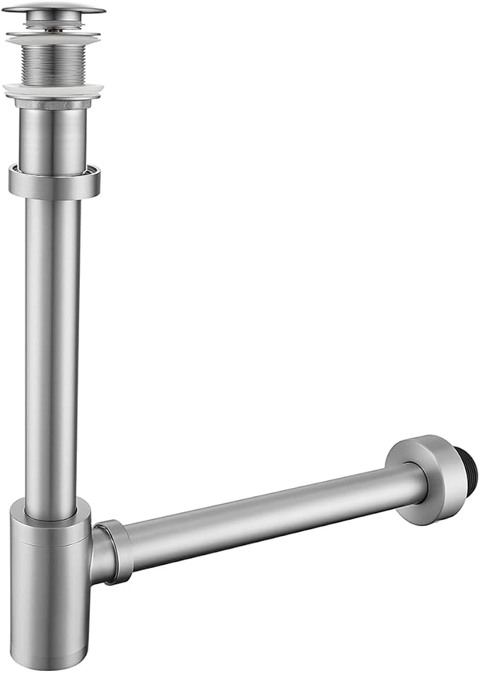 Brass Round Bottle P-Trap with Pop Up Drain Stopper, 1 1/4 Adjustable Basin by SEABEFORE