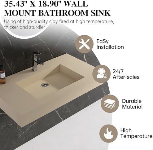 35" x 19" Bathroom Sink with Single Faucet Hole, Stone Resin Wall Mount Sink - Image 2