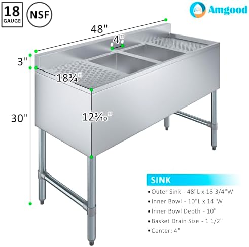 48 in. x 19 in. Two Compartment Under Bar Sink - Image 3