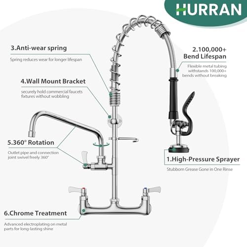 Commercial Faucet with Pre-Rinse Sprayer, Hurran 8 Inch Center 25" Height Wall - Image 5