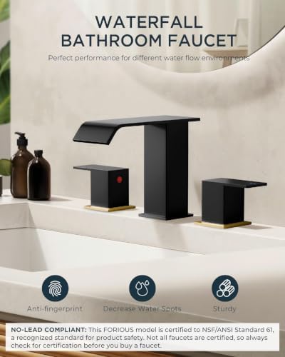 FORIOUS Bathroom Faucet 3 Hole, 8 Inch Widespread Sink Faucet Black and Gold - Image 5