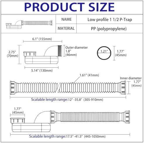 Low Profile 1 1/2 "P Trap Tub Drain Pipe, Flexible Low Profile Shower Drain - Image 2