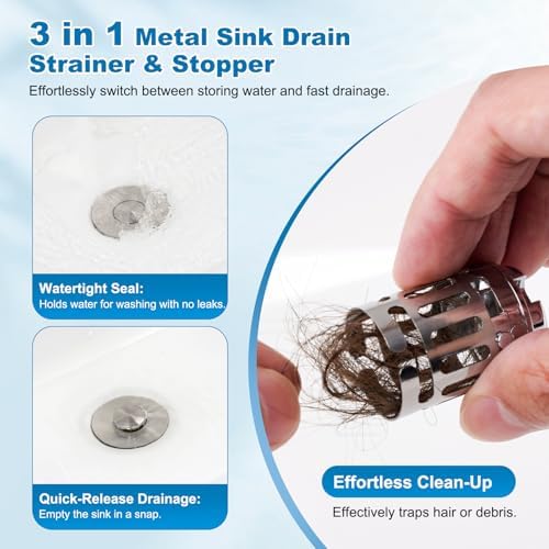 Hibbent 2 Pack Bathroom Sink Drain Strainer, 3 in 1 Pop Up Stopper - Image 6