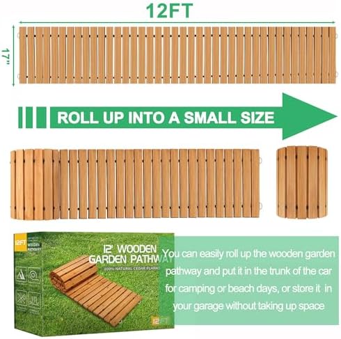RELIANCER 12' Wooden Garden Pathway, Outdoor Roll Out Cedar Straight Walkway - Image 2