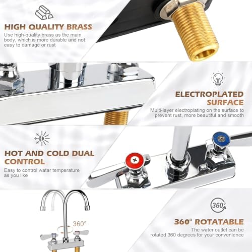 Commercial Bar Sink Faucet 4 Inch Center Deck Mount 5-1/2" Gooseneck Spout - Image 6