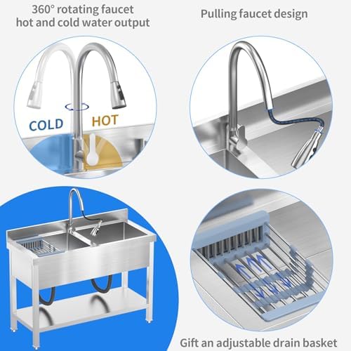 46.9Inch Stainless Steel Utility Sink 2-Compartment Commercial Sink - Image 4
