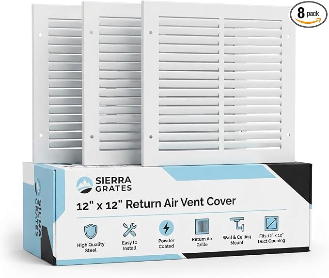 12x12 Air Return Vent Cover, Solid Steel White, 8 Pack by SierraGrates