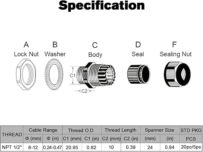 10 Pack NPT 1/2" Cable Glands Waterproof Adjustable 6-12mm Cable Connectors - Image 2