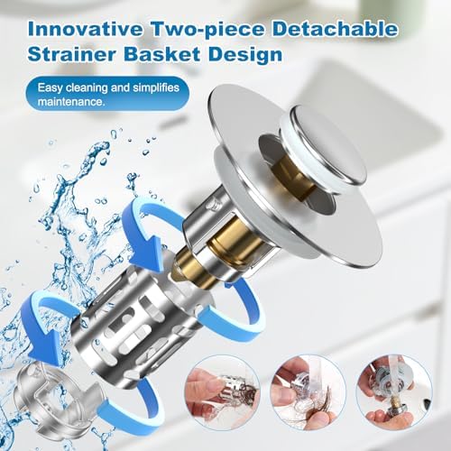 Hibbent 2 Pack Bathroom Sink Drain Strainer, 3 in 1 Pop Up Stopper - Image 3