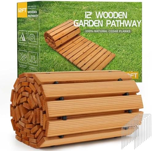 RELIANCER 12' Wooden Garden Pathway, Outdoor Roll Out Cedar Straight Walkway by RELIANCER