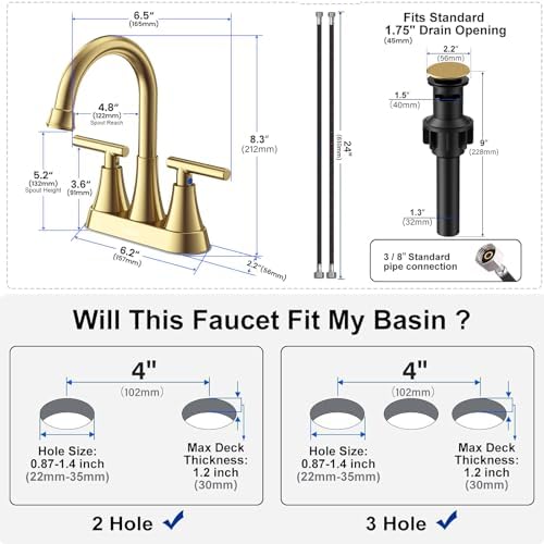 Brushed Gold Bathroom Faucets, Hurran 4 inch Centerset 2-Handle Lead-Free - Image 3