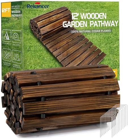 RELIANCER 12' Wooden Garden Pathway, Outdoor Roll Out Cedar Straight Walkway by RELIANCER
