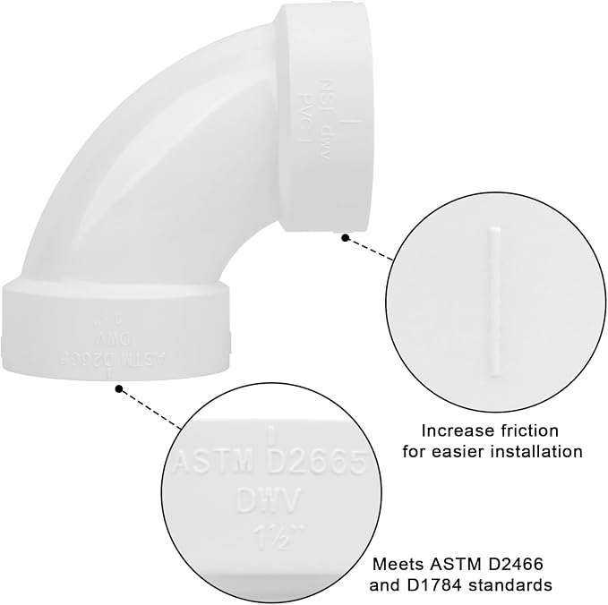 6Pack 1-1/2" PVC DWV Sanitary 90-Degree Elbow White SCH40 1.50" PVC DWV 90° - Image 4