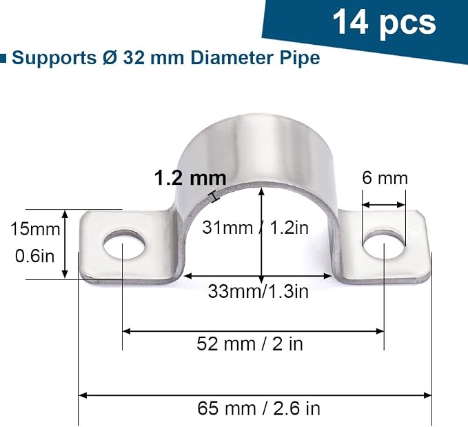 1-1/4 Inch Stainless Steel Conduit Clamps Two Hole Pipe Clamps Metal U Bracket - Image 2