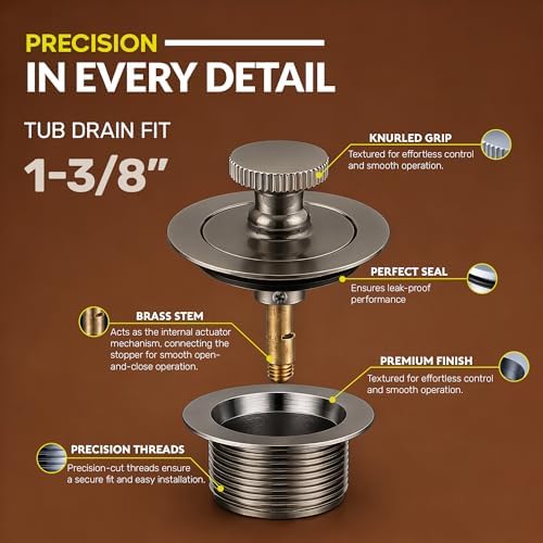 SUPPLYGIANT 1-3/8 in. Lift & Turn Bathtub Drain Stopper Assembly, Brushed Nickel - Image 2
