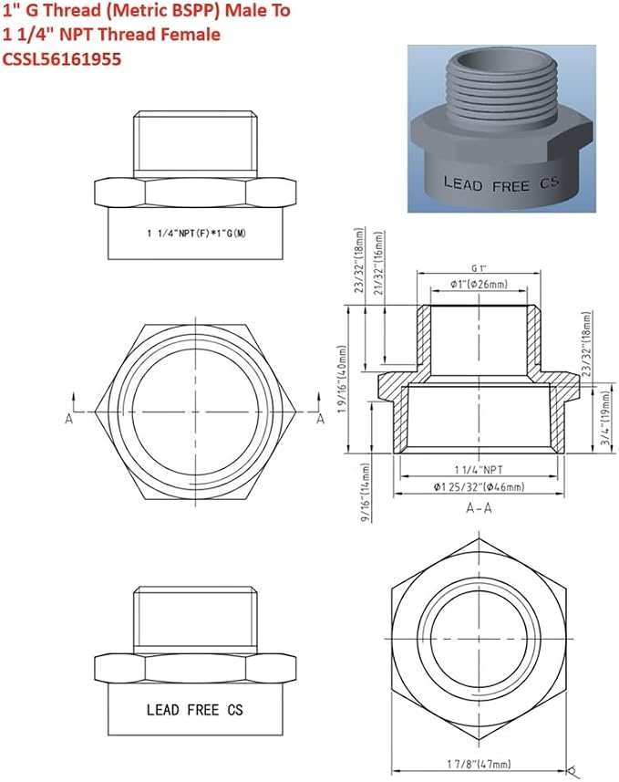 Cascada Lead-Free 1" G Thread Male to 1 1/4" NPT Female Adapter | G Thread Male - Image 2
