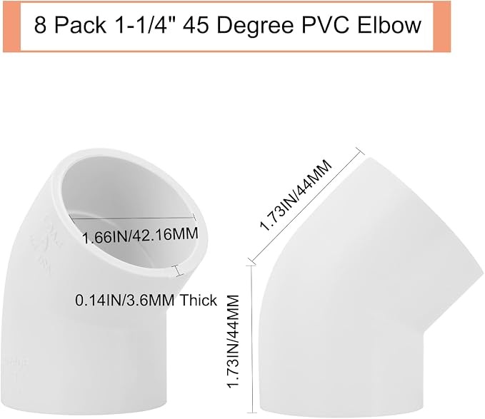 8Pack 1-1/4" 45 Degree PVC Elbow Pipe Fitting Connector Furniture Build Grade - Image 2