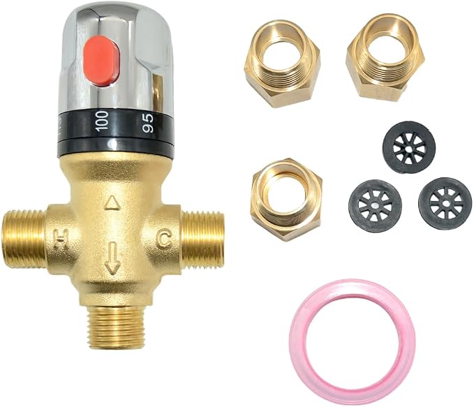 Thermostatic Mixing Valve, 1/2" NPT Thread Water Heater Solid Brass- Golden by Megairon